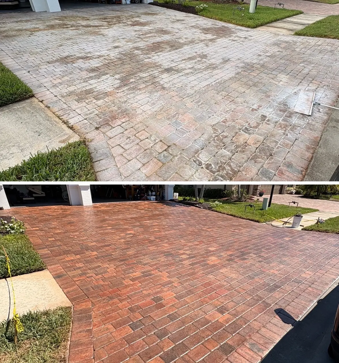 Paver driveway before and after sealing in Sarasota, FL — dull faded brick pavers restored to a wet-look finish